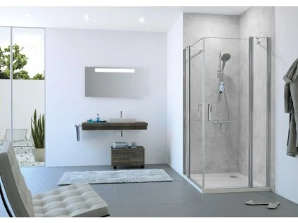 sprchový kout Hüppe čtyřúhelník, sklapovací dveře rohový vstup Design 501, 510.950/960.087.373 L/P 80/1900 rám stříbrná matná, čiré sklo s pískovanou plochou šíře 800mm uprostřed sprchového koutu